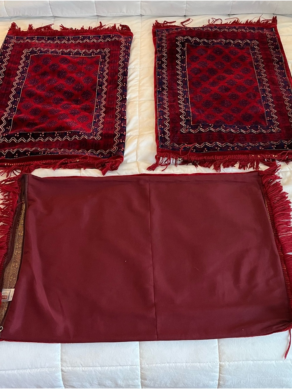 Set of Red Rug Velvet Pillow Covers with Fringe